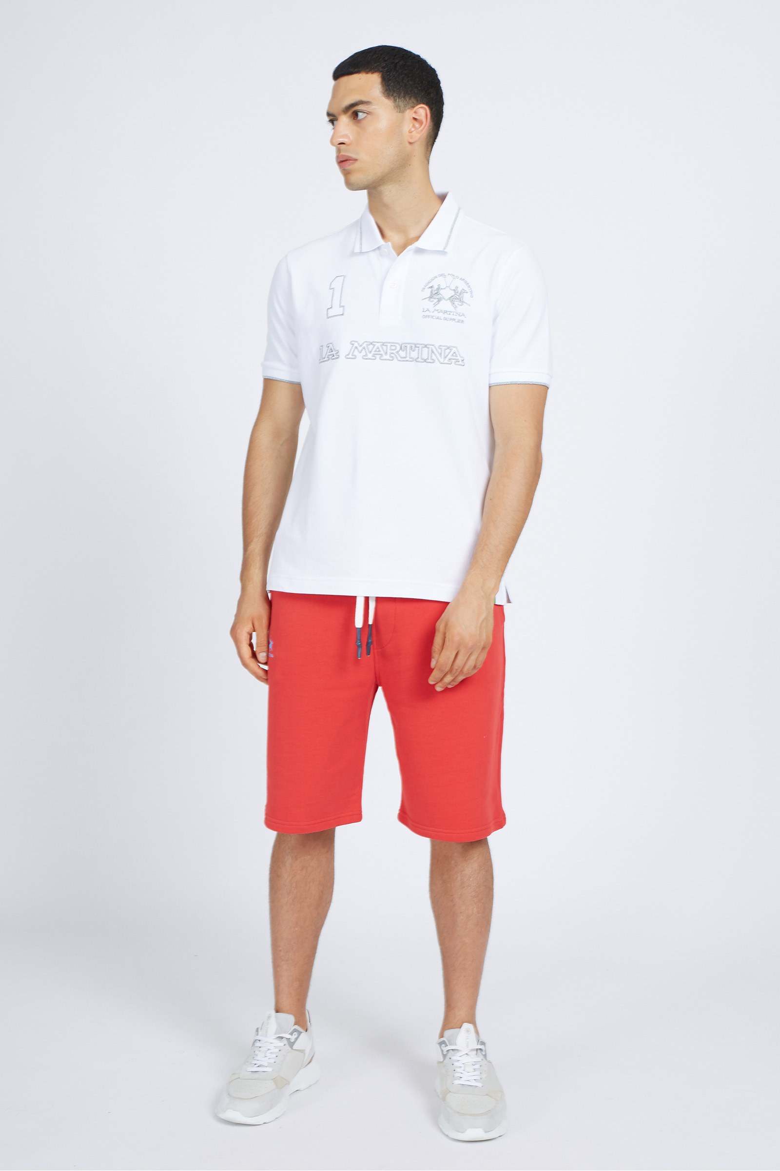 Red Bermuda Shorts with White Polo Shirt