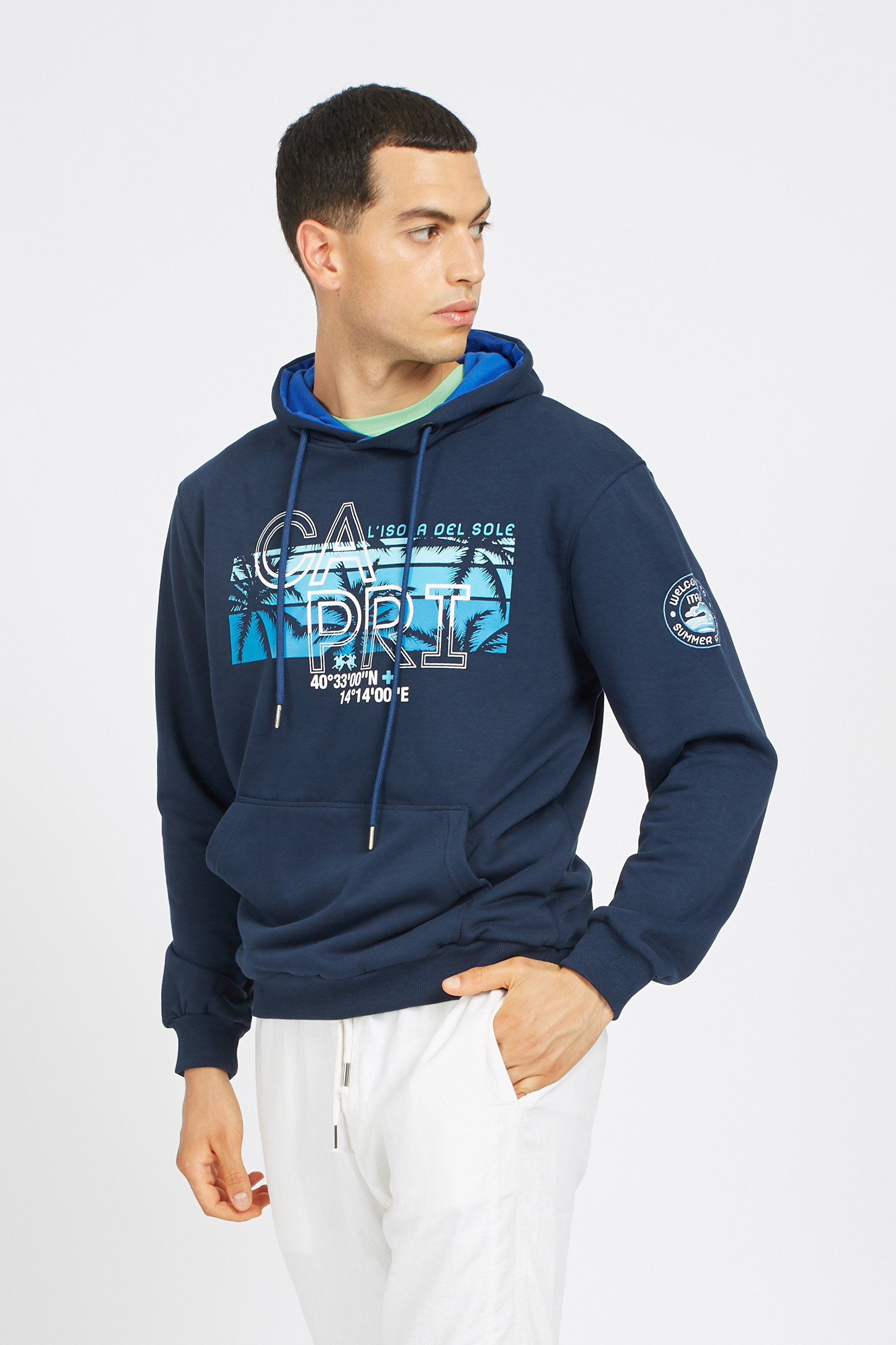 Men's cotton hoodie with a front pocket Navy La Martina | Shop Online
